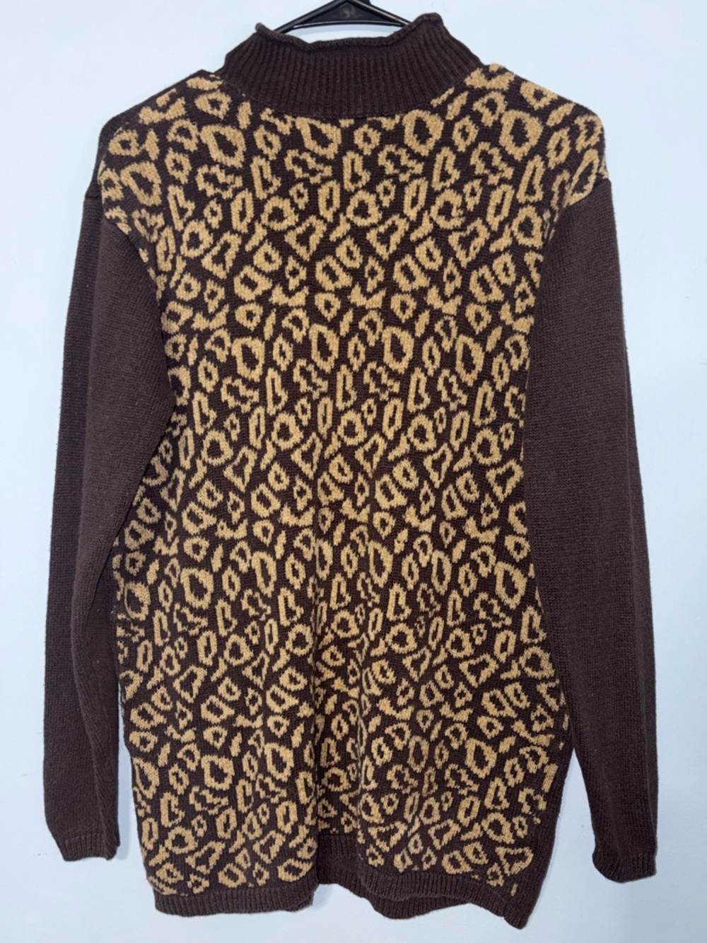 Vintage PM Brown gold Leopard cheetah Print Knit roll neck fisherman Sweater mob